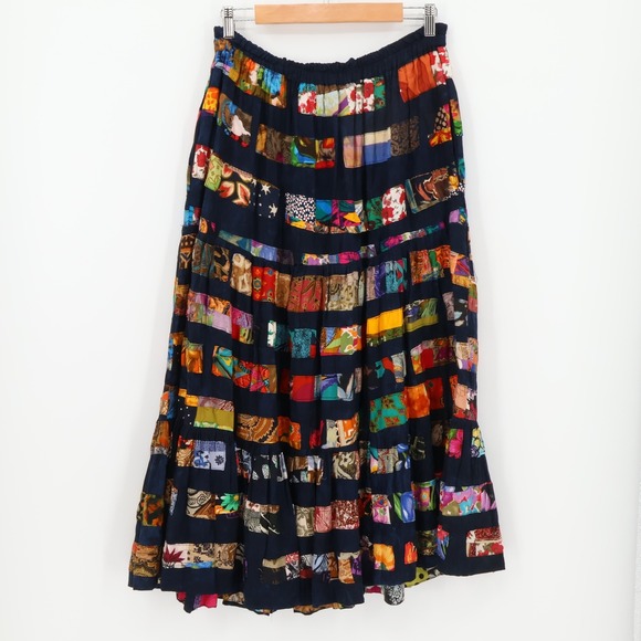 Vtg Nativewear Designs Boho Patchwork Maxi Skirt Pockets Peasant Hippie Size M - Picture 1 of 11